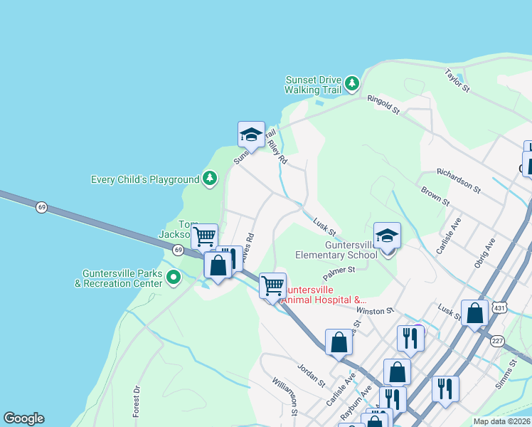 map of restaurants, bars, coffee shops, grocery stores, and more near 1117 Alves Road in Guntersville