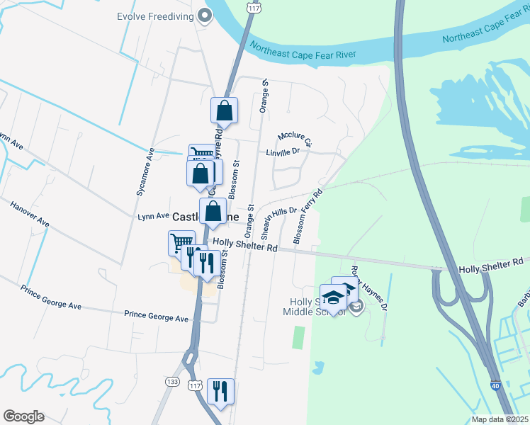map of restaurants, bars, coffee shops, grocery stores, and more near 113 Shearin Hills Dr in Castle Hayne