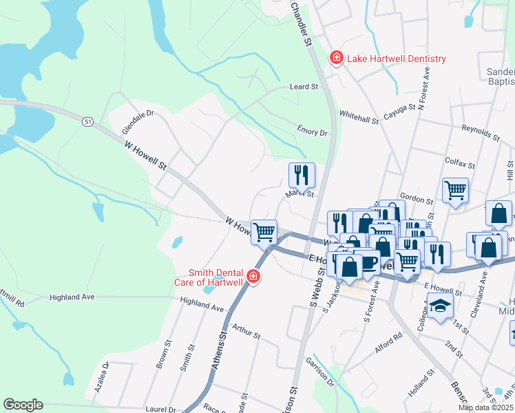 map of restaurants, bars, coffee shops, grocery stores, and more near 70 West Franklin Place in Hartwell