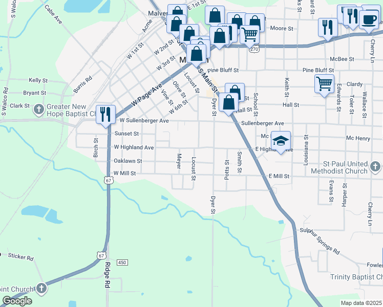 map of restaurants, bars, coffee shops, grocery stores, and more near 1414 Locust Street in Malvern