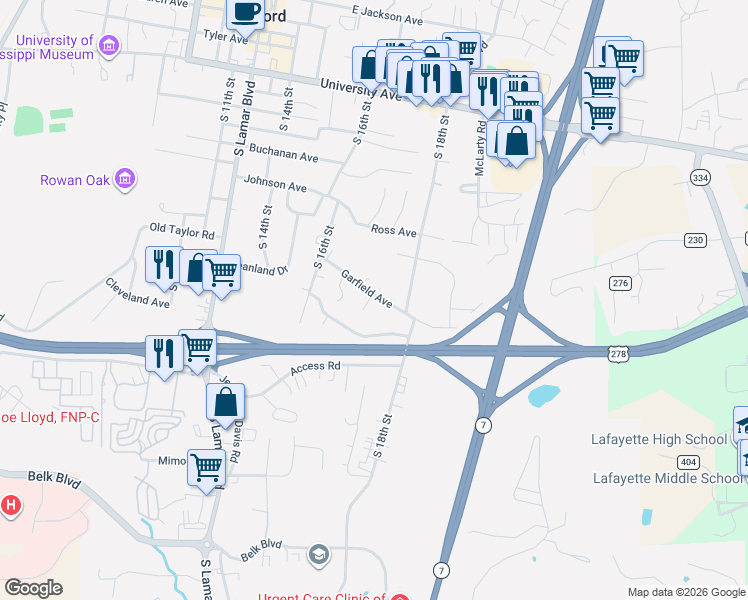 map of restaurants, bars, coffee shops, grocery stores, and more near 1632 Garfield Avenue in Oxford