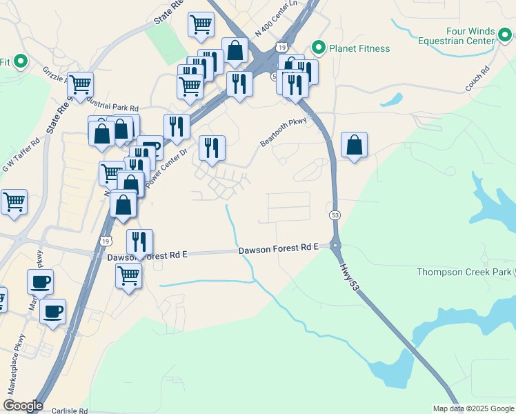 map of restaurants, bars, coffee shops, grocery stores, and more near T F Hughes Road in Dawsonville