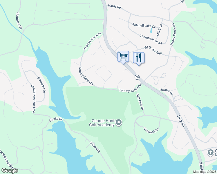 map of restaurants, bars, coffee shops, grocery stores, and more near 498 Tommy Aaron Drive in Gainesville