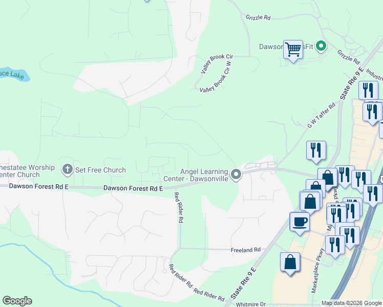 map of restaurants, bars, coffee shops, grocery stores, and more near 138 Riley Circle in Dawsonville