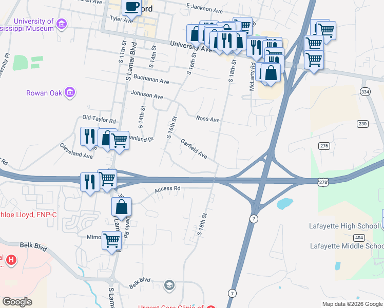 map of restaurants, bars, coffee shops, grocery stores, and more near 1632 Garfield Avenue in Oxford