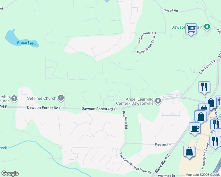 map of restaurants, bars, coffee shops, grocery stores, and more near 236 Riley Circle in Dawsonville