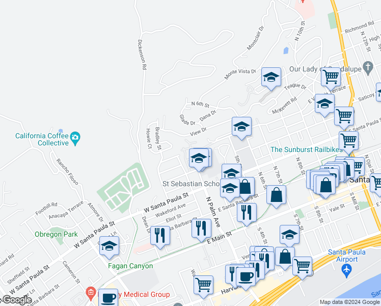 map of restaurants, bars, coffee shops, grocery stores, and more near 426 North Palm Avenue in Santa Paula