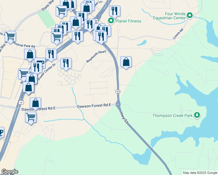 map of restaurants, bars, coffee shops, grocery stores, and more near 54 Timber Park Drive in Dawsonville