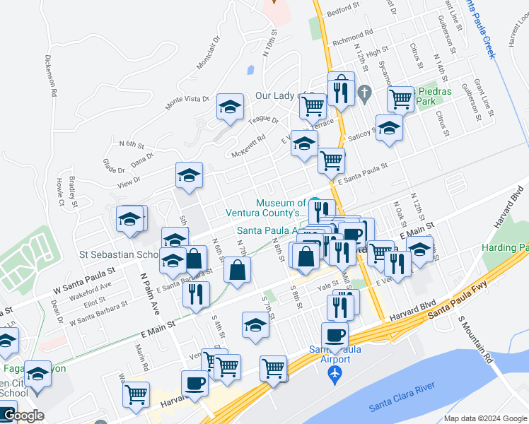 map of restaurants, bars, coffee shops, grocery stores, and more near 799 East Santa Paula Street in Santa Paula