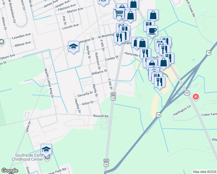 map of restaurants, bars, coffee shops, grocery stores, and more near 1308 South 6th Street in Hartsville