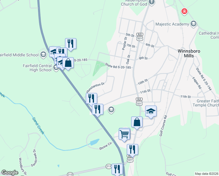 map of restaurants, bars, coffee shops, grocery stores, and more near 221 Hunstanton Drive in Winnsboro