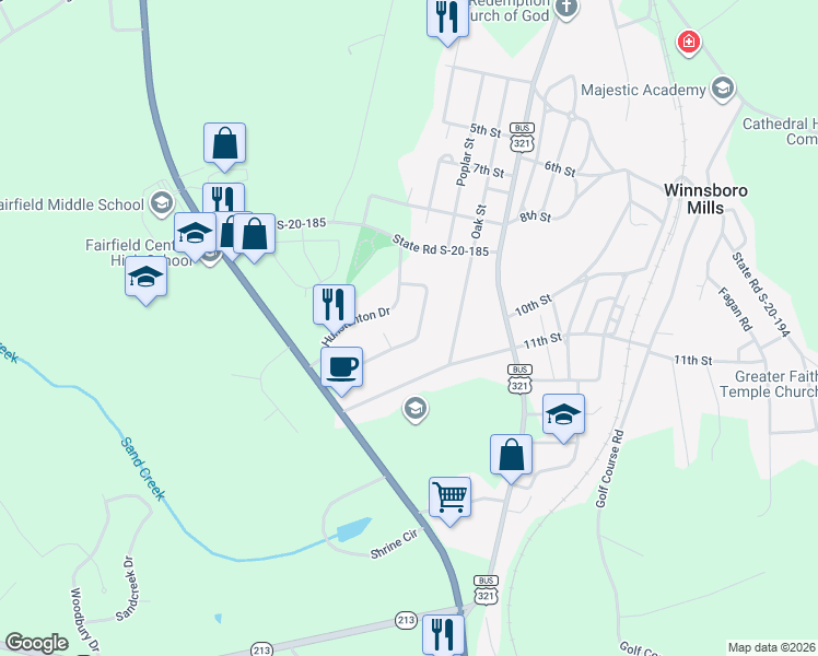 map of restaurants, bars, coffee shops, grocery stores, and more near 221 Hunstanton Drive in Winnsboro