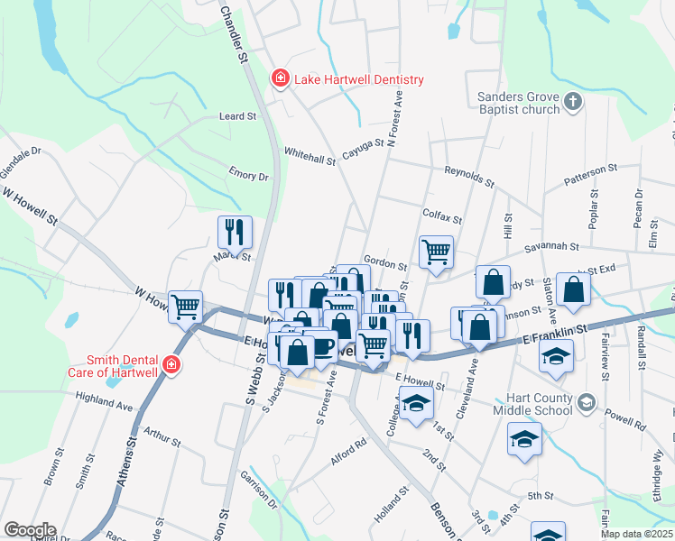 map of restaurants, bars, coffee shops, grocery stores, and more near 234 Carolina Street in Hartwell