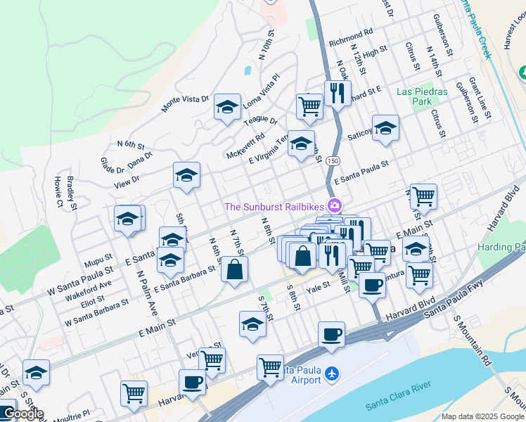 map of restaurants, bars, coffee shops, grocery stores, and more near 800 East Santa Paula Street in Santa Paula