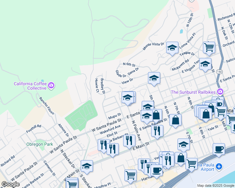 map of restaurants, bars, coffee shops, grocery stores, and more near 100 East Virginia Terrace in Santa Paula
