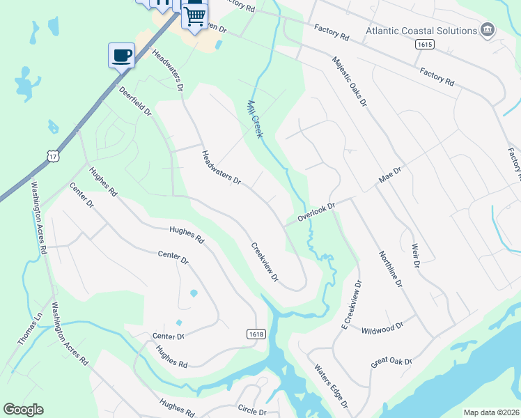 map of restaurants, bars, coffee shops, grocery stores, and more near 404 Headwaters Drive in Hampstead