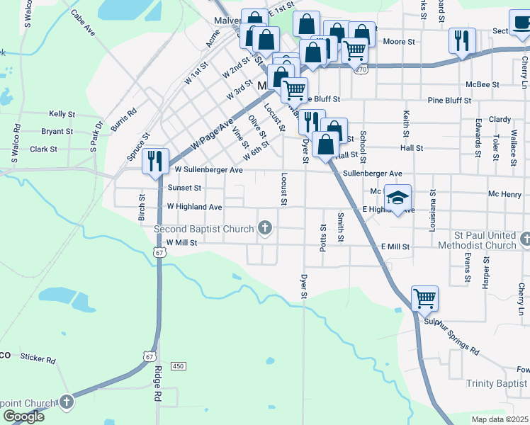 map of restaurants, bars, coffee shops, grocery stores, and more near 1414 Locust Street in Malvern