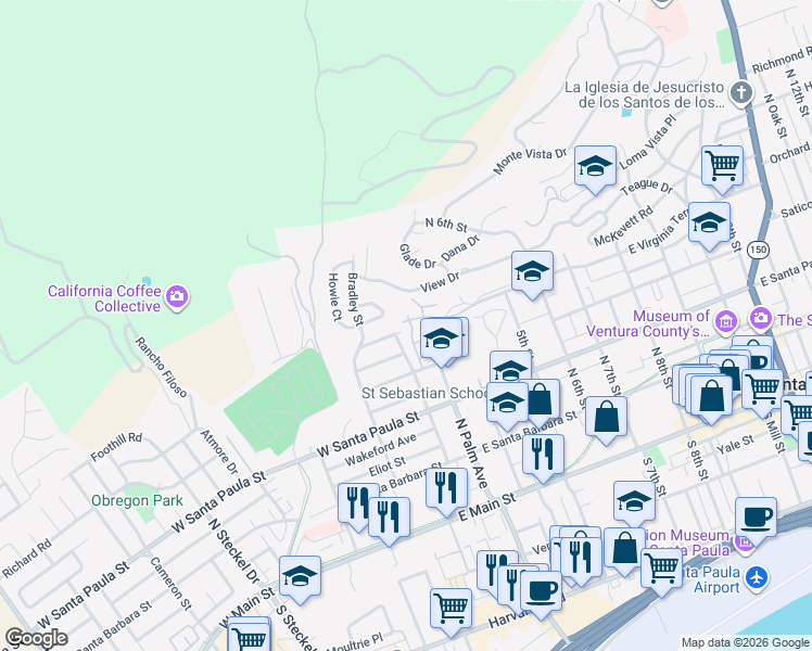 map of restaurants, bars, coffee shops, grocery stores, and more near 100 East Virginia Terrace in Santa Paula