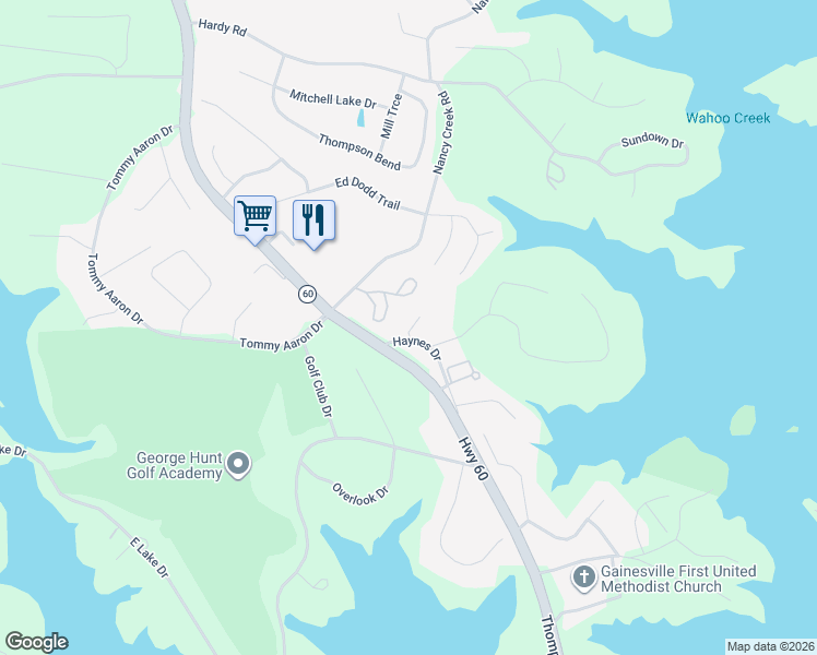 map of restaurants, bars, coffee shops, grocery stores, and more near 3178 Haynes Drive in Gainesville