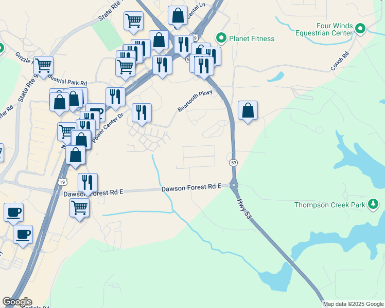 map of restaurants, bars, coffee shops, grocery stores, and more near 45 Windover Way in Dawsonville