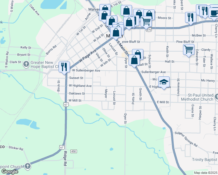map of restaurants, bars, coffee shops, grocery stores, and more near 1414 Locust Street in Malvern