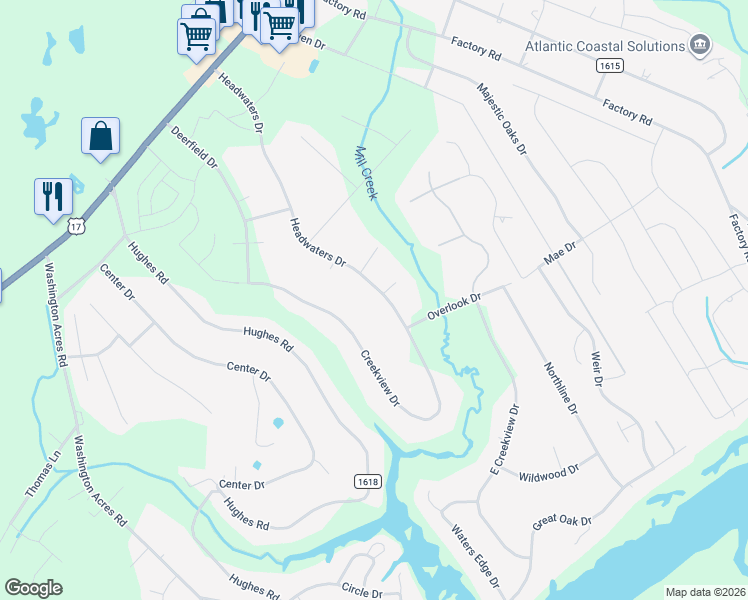 map of restaurants, bars, coffee shops, grocery stores, and more near 404 Headwaters Drive in Hampstead