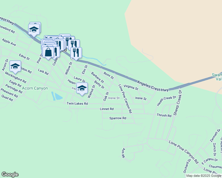 map of restaurants, bars, coffee shops, grocery stores, and more near 1660 Betty Street in Wrightwood