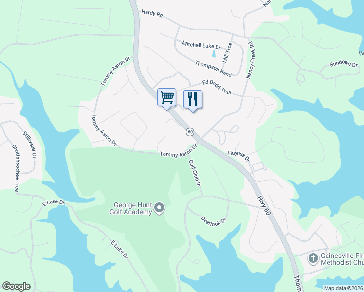 map of restaurants, bars, coffee shops, grocery stores, and more near 280 Tommy Aaron Drive in Gainesville