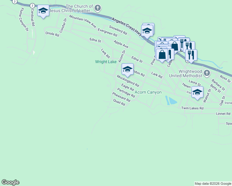 map of restaurants, bars, coffee shops, grocery stores, and more near 972 Pheasant Road in Wrightwood