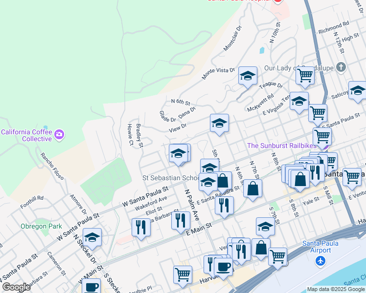 map of restaurants, bars, coffee shops, grocery stores, and more near 274 East Virginia Terrace in Santa Paula