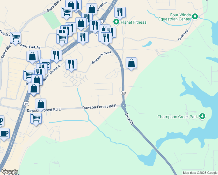 map of restaurants, bars, coffee shops, grocery stores, and more near 121 Windover Way in Dawsonville