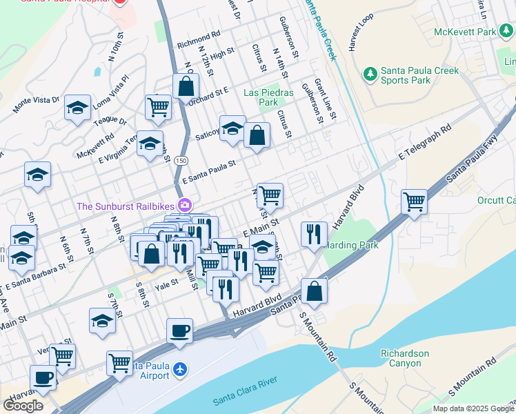 map of restaurants, bars, coffee shops, grocery stores, and more near 126 North 12th Street in Santa Paula
