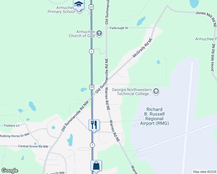 map of restaurants, bars, coffee shops, grocery stores, and more near 872 Warren Road Northeast in Rome