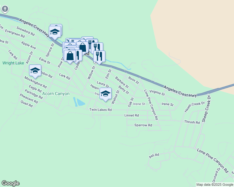 map of restaurants, bars, coffee shops, grocery stores, and more near Walnut Street in Wrightwood