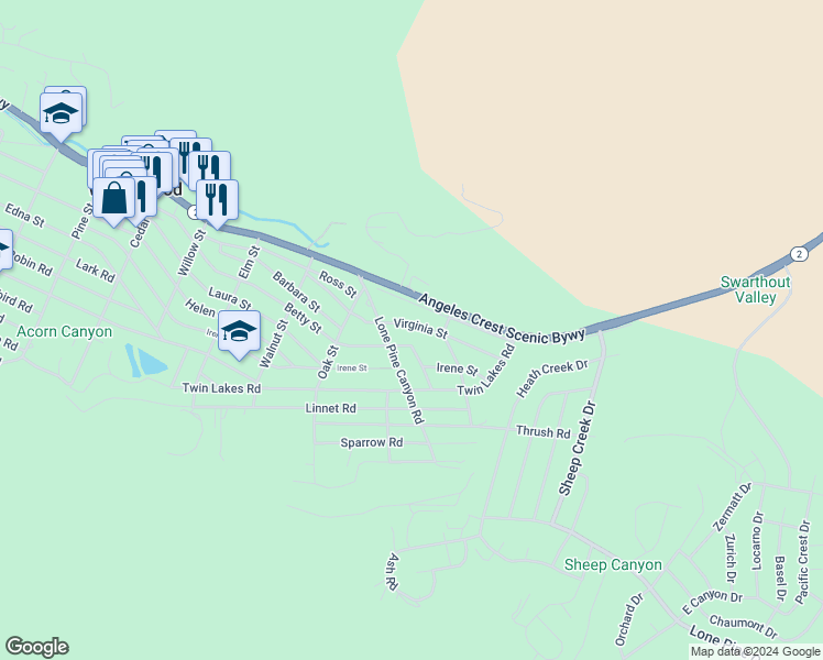 map of restaurants, bars, coffee shops, grocery stores, and more near 1779 Virginia Street in Wrightwood