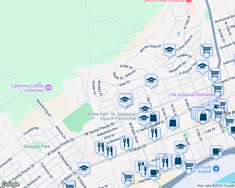 map of restaurants, bars, coffee shops, grocery stores, and more near 426 North Palm Avenue in Santa Paula