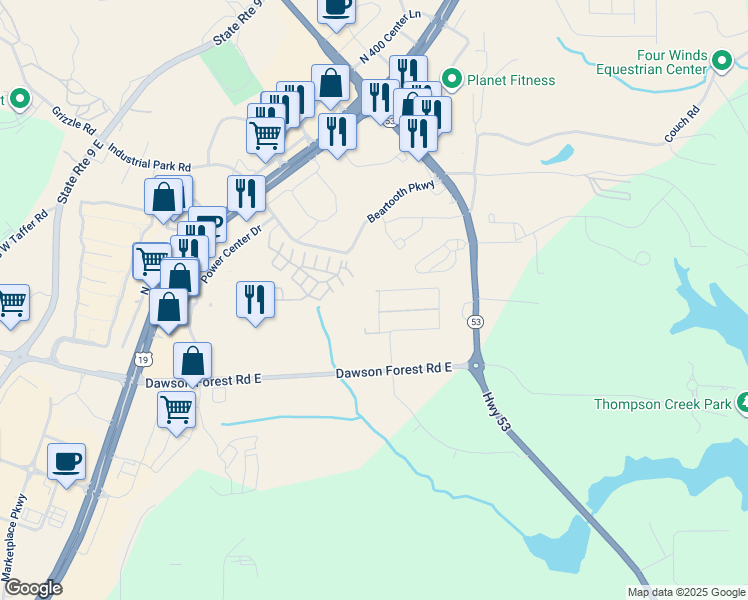 map of restaurants, bars, coffee shops, grocery stores, and more near 7142 Highway 53 in Dawsonville
