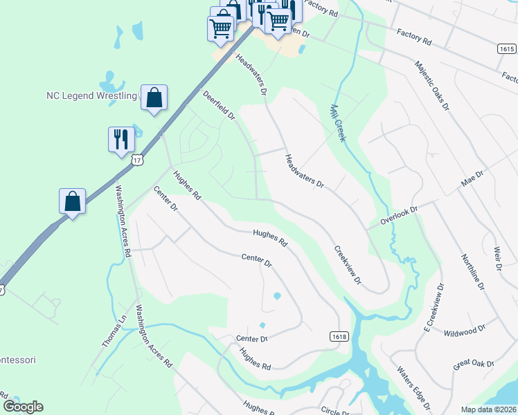map of restaurants, bars, coffee shops, grocery stores, and more near 225 Hughes Road in Hampstead