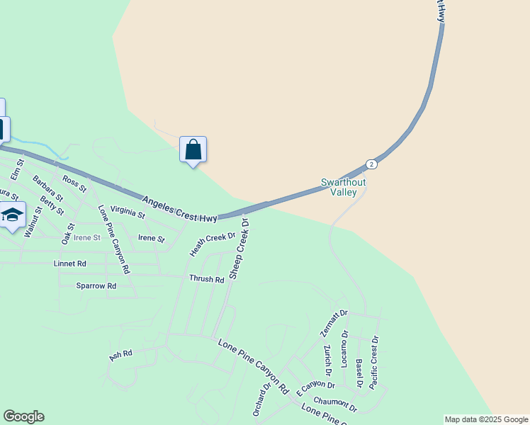 map of restaurants, bars, coffee shops, grocery stores, and more near 2164 Outer Highway in Wrightwood