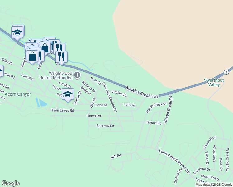 map of restaurants, bars, coffee shops, grocery stores, and more near 1779 Virginia Street in Wrightwood