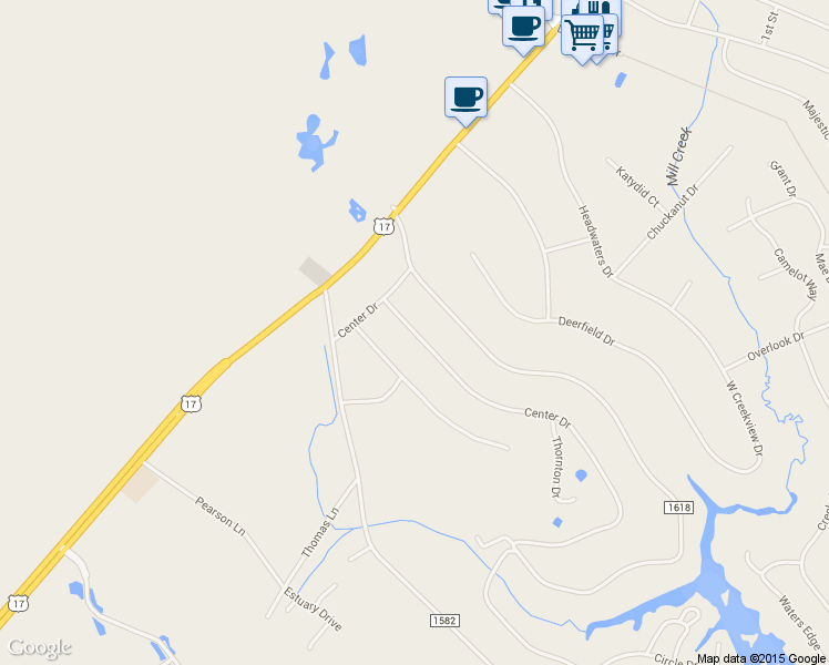 map of restaurants, bars, coffee shops, grocery stores, and more near 134 Center Drive in Hampstead