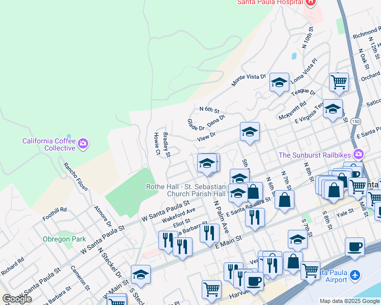 map of restaurants, bars, coffee shops, grocery stores, and more near 426 North Palm Avenue in Santa Paula