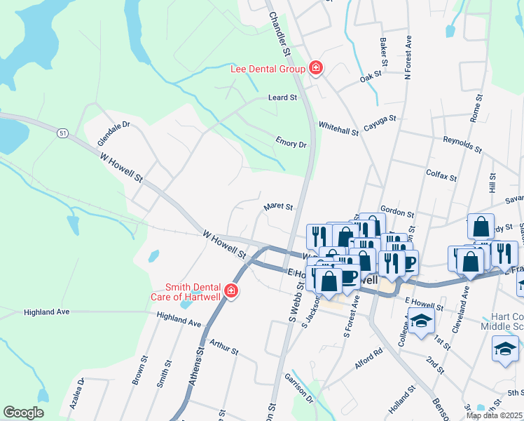 map of restaurants, bars, coffee shops, grocery stores, and more near 171 Maret Street in Hartwell