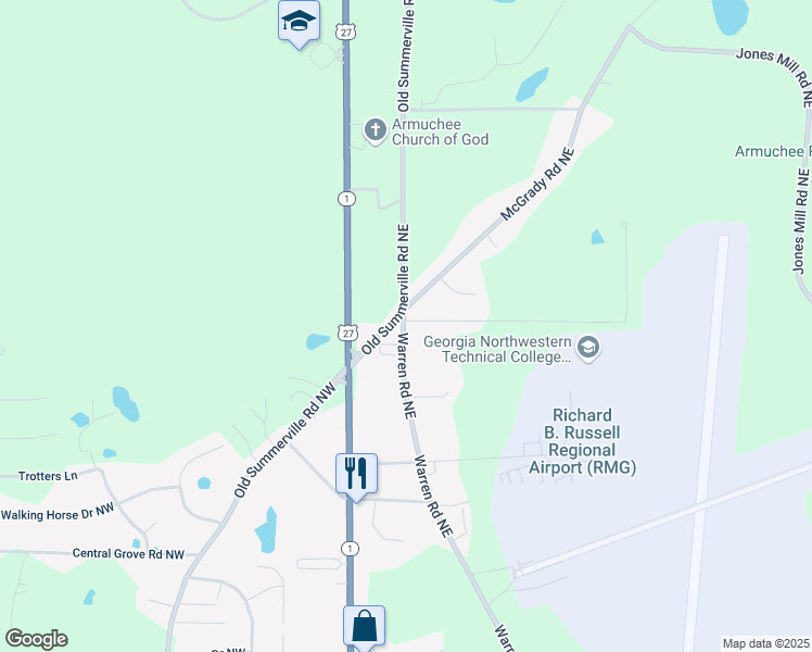 map of restaurants, bars, coffee shops, grocery stores, and more near 0 Hatfield Road Northeast in Rome