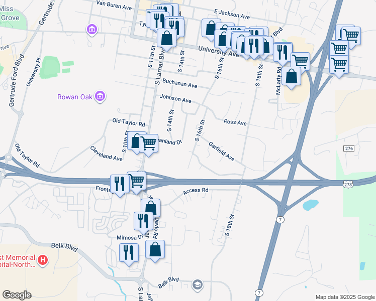 map of restaurants, bars, coffee shops, grocery stores, and more near 1310 South 16th Street in Oxford