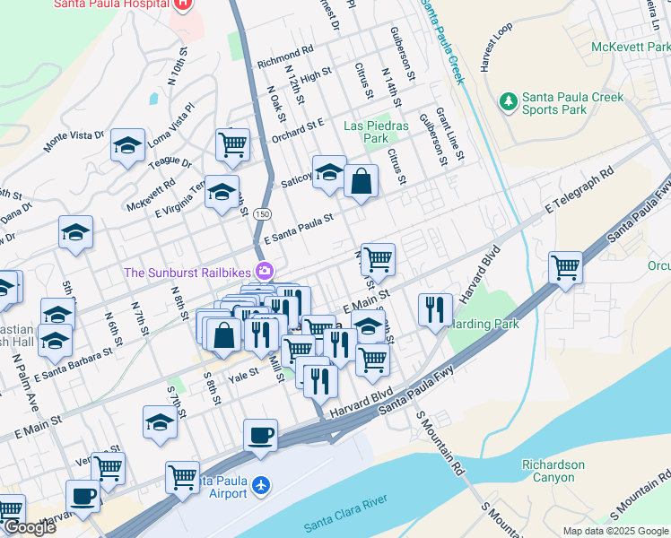 map of restaurants, bars, coffee shops, grocery stores, and more near 127 Miller Lane in Santa Paula