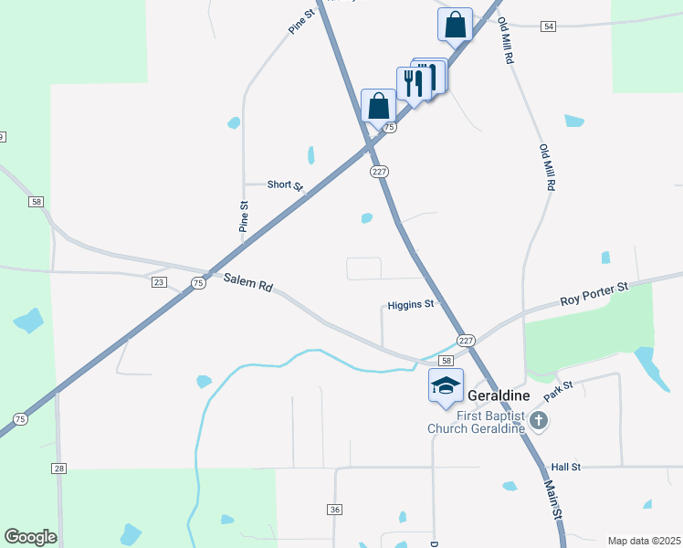 map of restaurants, bars, coffee shops, grocery stores, and more near 223 Joe Hope Drive in Geraldine