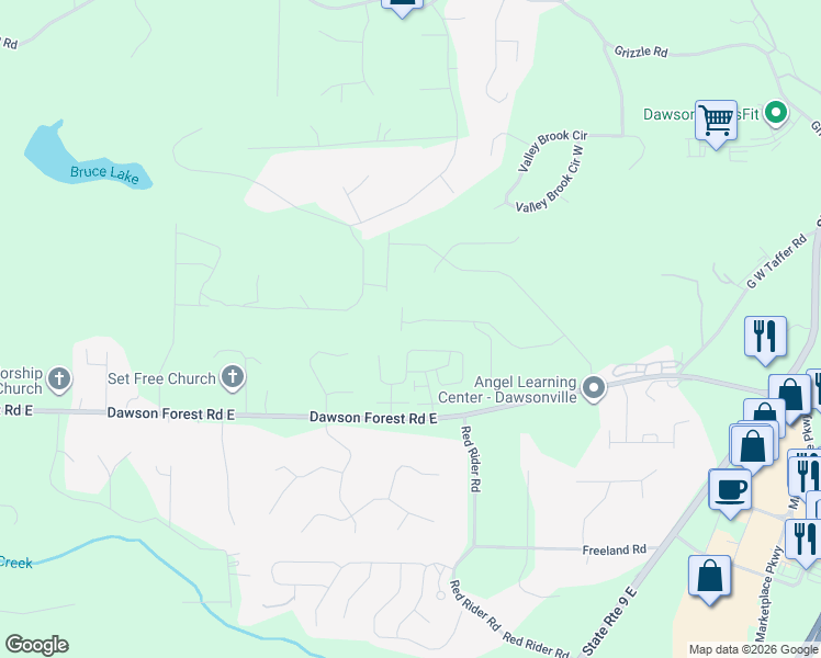 map of restaurants, bars, coffee shops, grocery stores, and more near 236 Riley Circle in Dawsonville