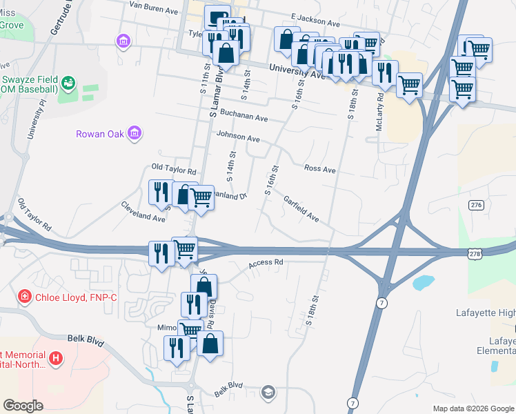 map of restaurants, bars, coffee shops, grocery stores, and more near 1310 South 16th Street in Oxford