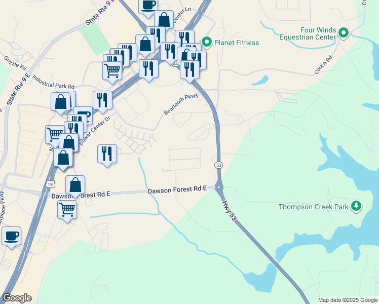 map of restaurants, bars, coffee shops, grocery stores, and more near T F Hughes Road in Dawsonville